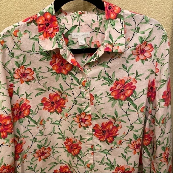 CHARTER CLUB Women Floral Linen Blend Button Long Sleeve Shirt Size Large - Picture 3 of 9
